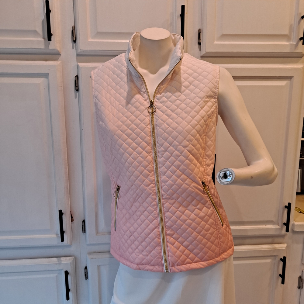 Black Rivet Pink Fade To White Lightweight Zippered Quilted Vest W/Pockets